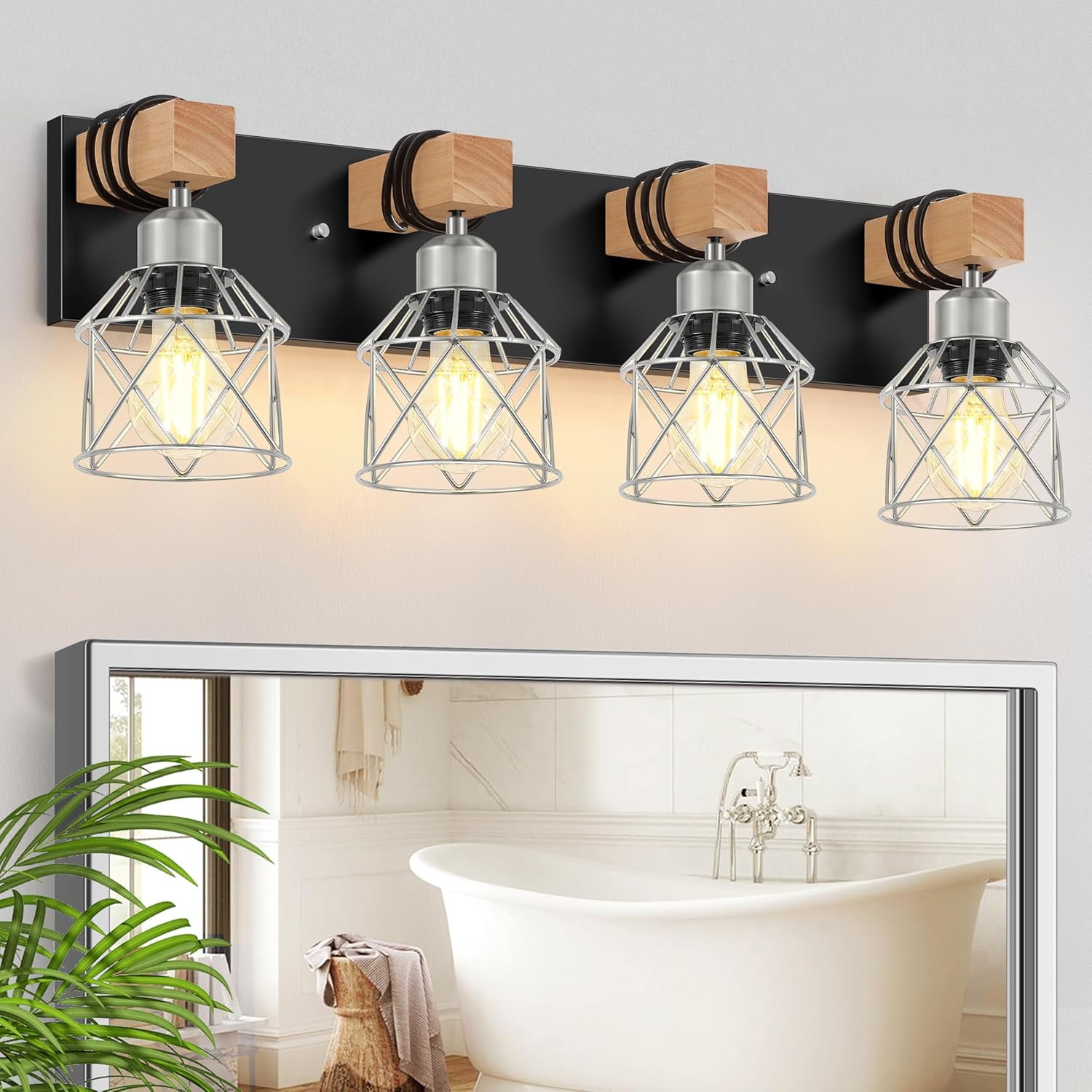Farmhouse Vanity Light for Bathroom, 4-Light Rustic Wood Black Bathroom Light Fixtures with Elegant Silver Metal Cage, Vintage Vanity Lights Over Mirror for Living Room Bedroom Hallway