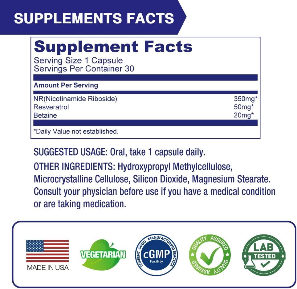 LOVITA NR (Nicotinamide Riboside) NAD Supplement with Trans-Resveratrol and Betaine, 840mg 100 Vegan Enteric-Coated Capsules