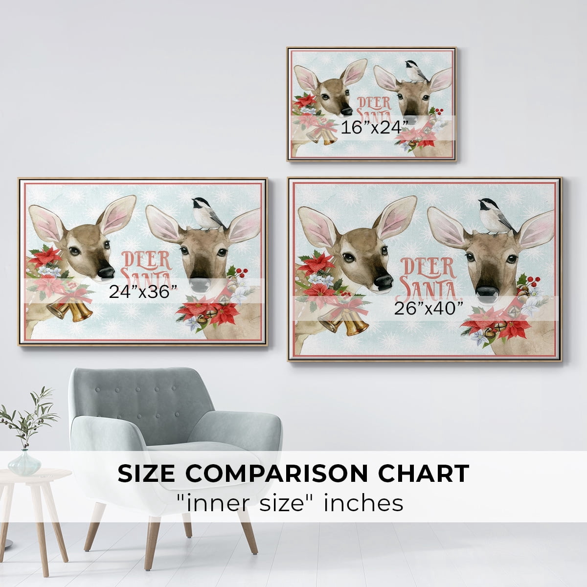 Deer Christmas Collection A - Framed Gallery Wrapped Holiday Canvas - 17 x 25 - Natural Wood Frame