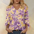 thumbnail image 2 of Delconic Womens V Neck Three Quarter Sleeve Floral Print Casual Loose Fit T Shirt Top Lightweight Soft Fabric Blouse for Daily Wear Office Travel Purple 2XL, 2 of 7
