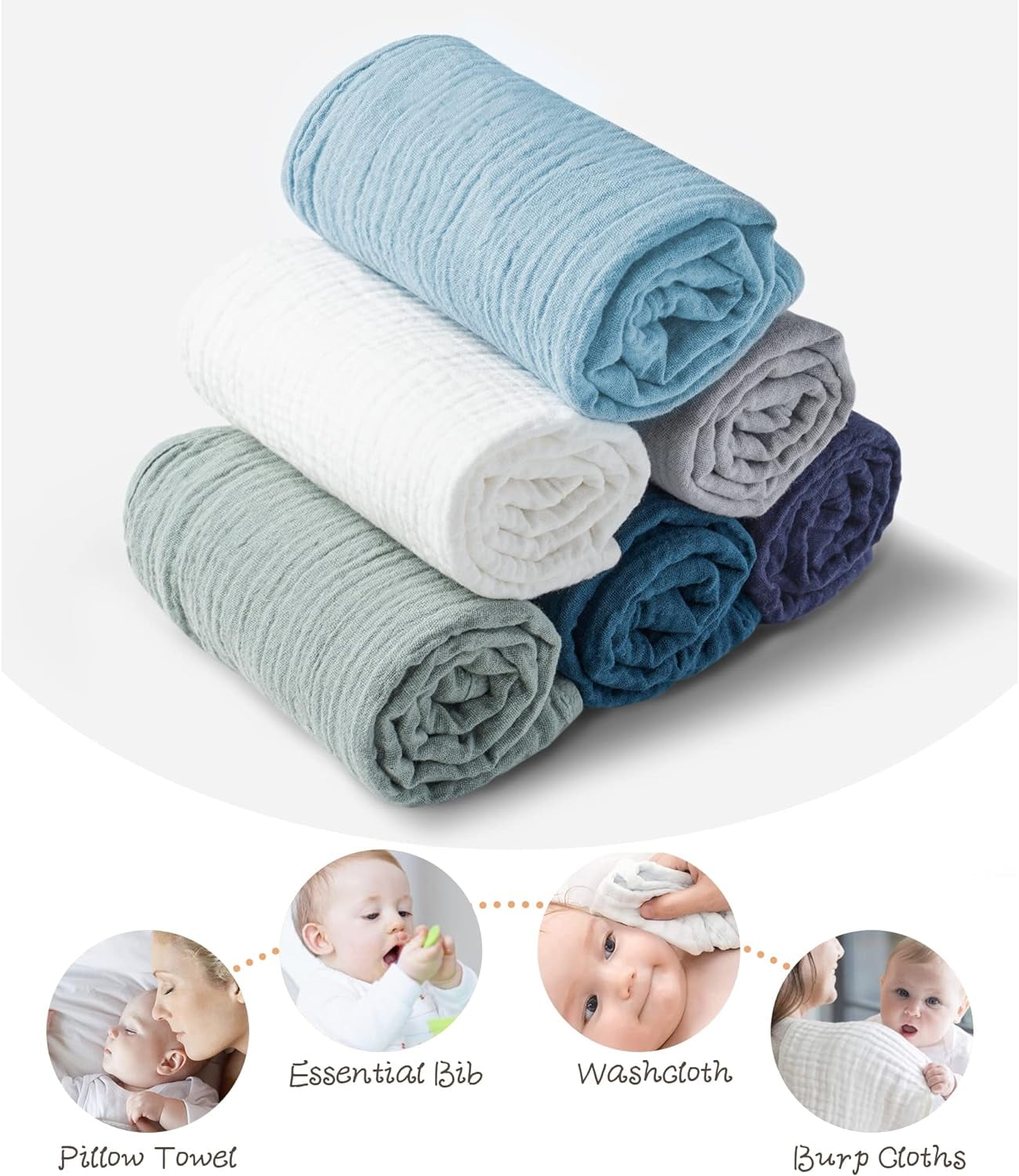 Muslin Baby Burp Cloths Sets for Unisex- 6PCS Large 100% Cotton Burping Clothes for Newborn，Baby Girls and Boys