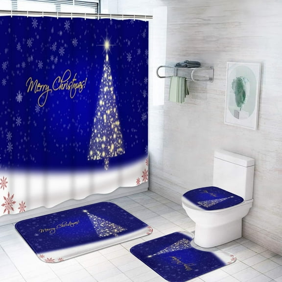 Blue Christmas Tree Bathroom Set Shower Curtain Set with Rugs Bathroom Set with Non-Slip Rug,Toilet Lid Cover,Bath Mat and 12 Hooks 72x72 inches Bathroom Decor 4 Pcs