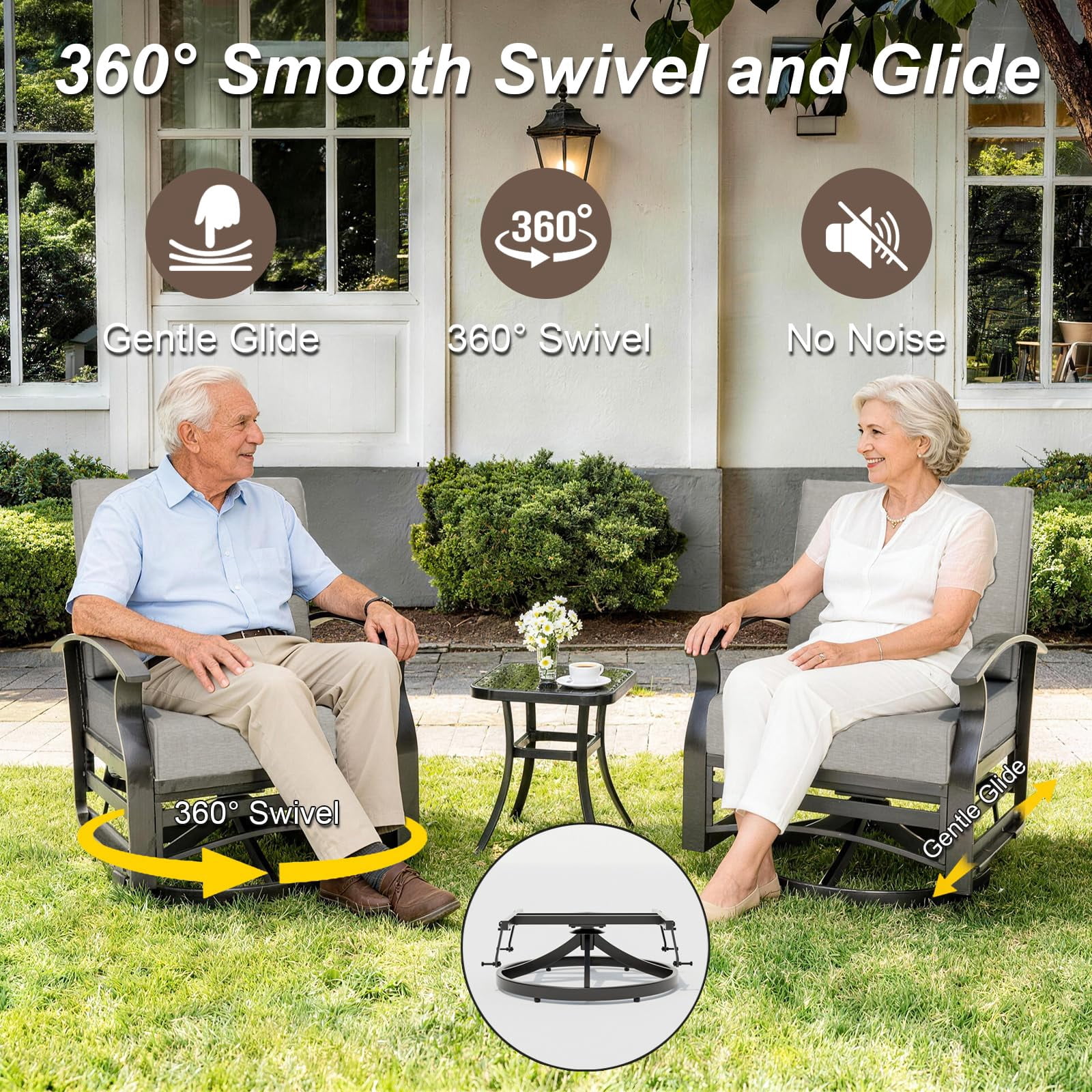 Gotland 3PCS Outdoor Aluminum Swivel Rocking Chairs, 2-Person Patio Furniture Conversation Set with Coffee Table and Cushions, Gray