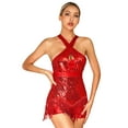 thumbnail image 2 of DOOMIVA Glittery Sparkly Bodysuit for Women Halter Cross Latin Jazz Ballroom Fringe Dance Leotard Red M, 2 of 8