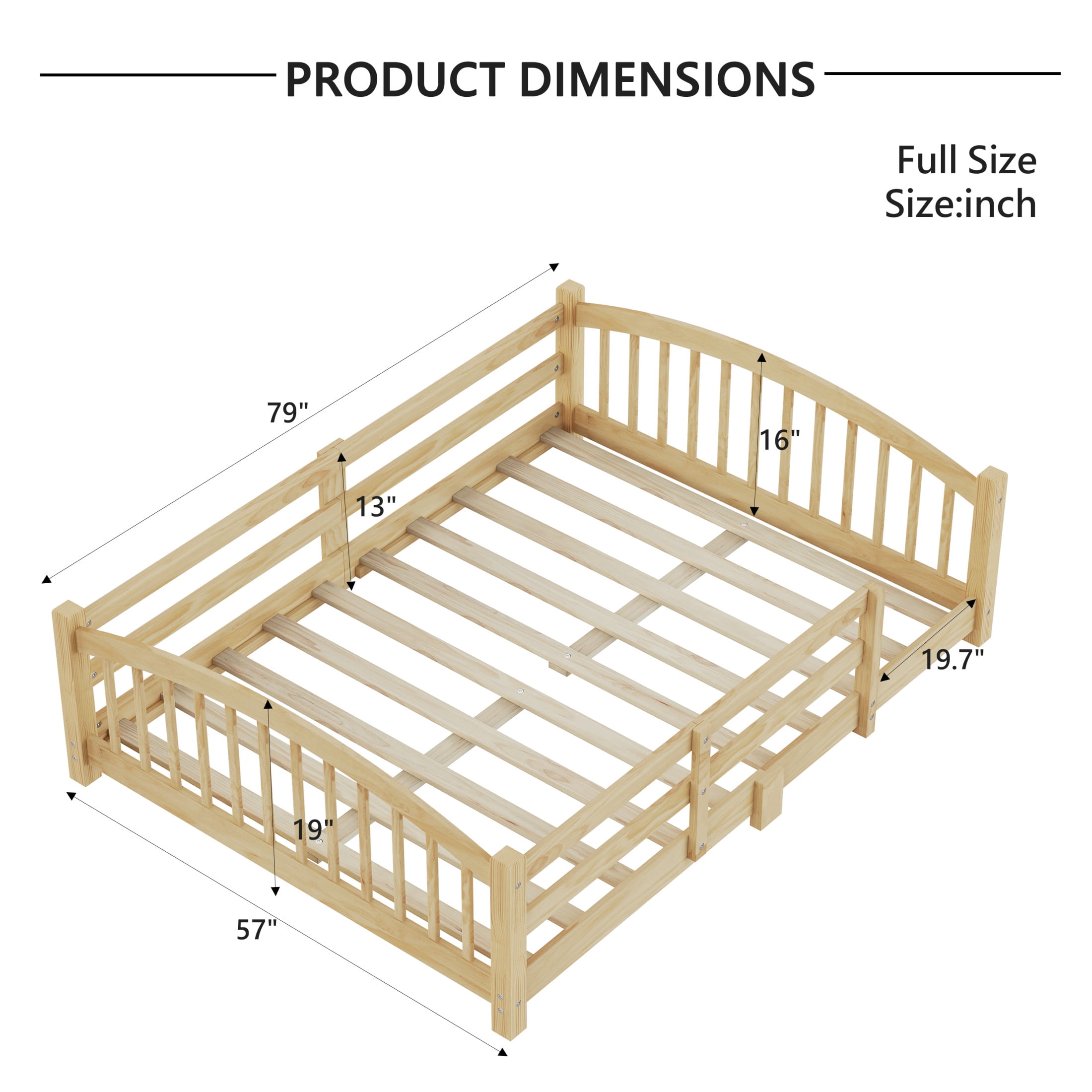 Noble House Full Floor Bed with Slats, Safety Guardrails, Solid Wood Frame, Natural
