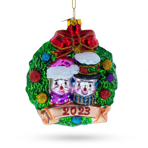 2023 Snowmen Couple in Wreath Glass Christmas Ornament
