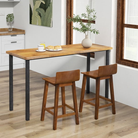 Wood Bar Stools Set of 2, 24.5 Inch Counter Height Bar Chairs with Solid Wood Seat, Low Backrest, Footrest, Acacia Wood Legs, 330 lb Capacity for Kitchen Island, Dining Room, Cafe, Brown