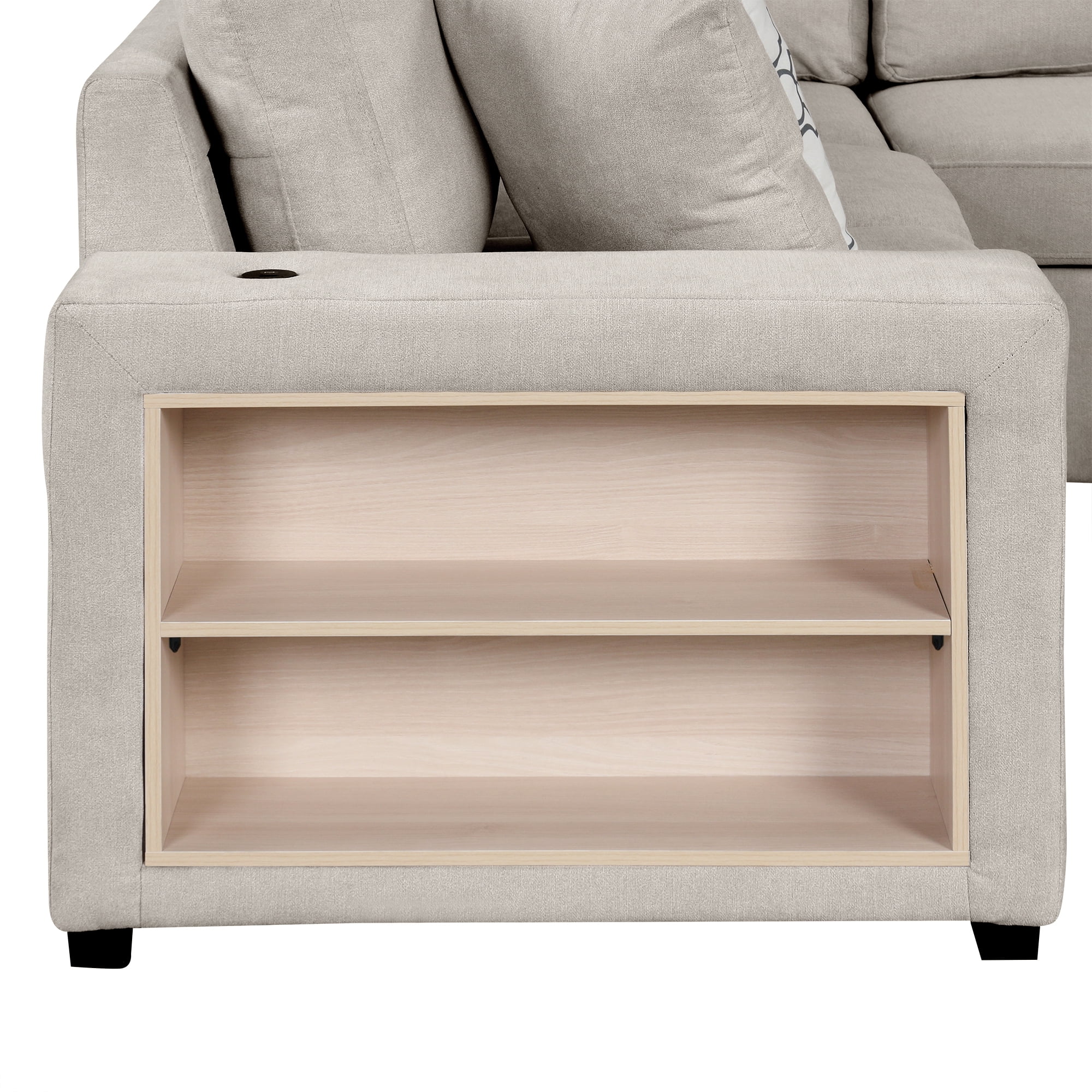 EUROCO 109" U-shaped Sectional Sofa Couch, Chenille Pull-out Sofa Bed with 2 USB Ports, a Storage Chaise Lounge, 4 Back Pillows and Wide Armrest with Storage Shelf for Living Room, Beige