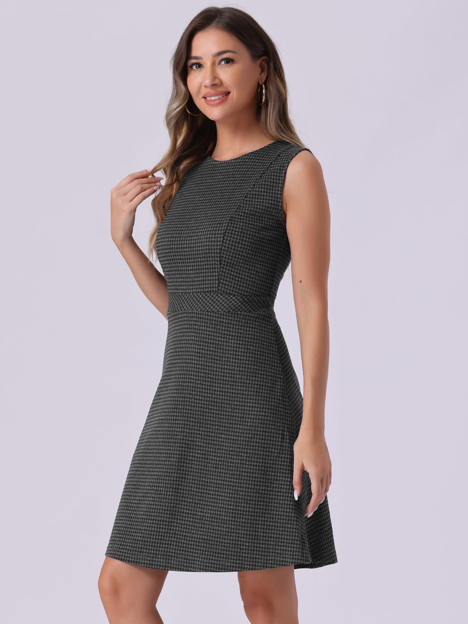 DARING DIVA Houndstooth Plaid Sleeveless Fit Flare Knit Dress L Black Grey