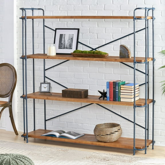 Noble House Jamestown Indoor Industrial 4 Shelf Firwood Bookcase, Antique Brown, Blue, and Black
