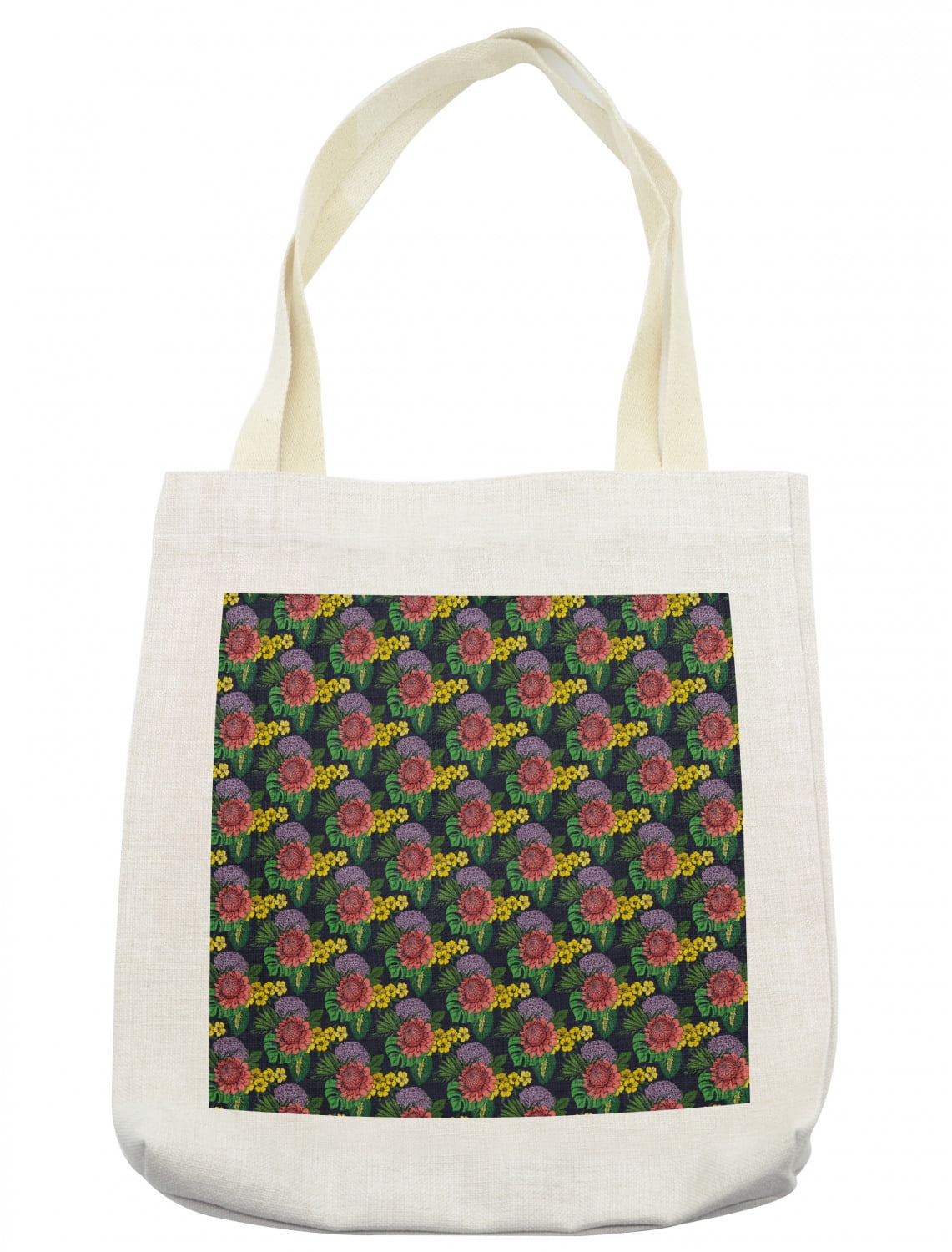 Floral Tote Bag, Tropical Themed Pattern of Jungle Leaves and Colorful