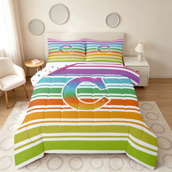 Manfei Rainbow Stripe Monogram Full Size Comforter Sets, Glitter Letter C Bedding Comforter Set, Multicolor White, Polka Dots Reversible 3pcs, 1 Comforter and 2 Pillowcases