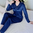 thumbnail image 6 of hotojiny Women's 2 Piece Satin Lounge Sets Plus Size Long Sleeve Lace V Neck Tops with Pants Pajamas Set Soft Sleepwear, 6 of 7