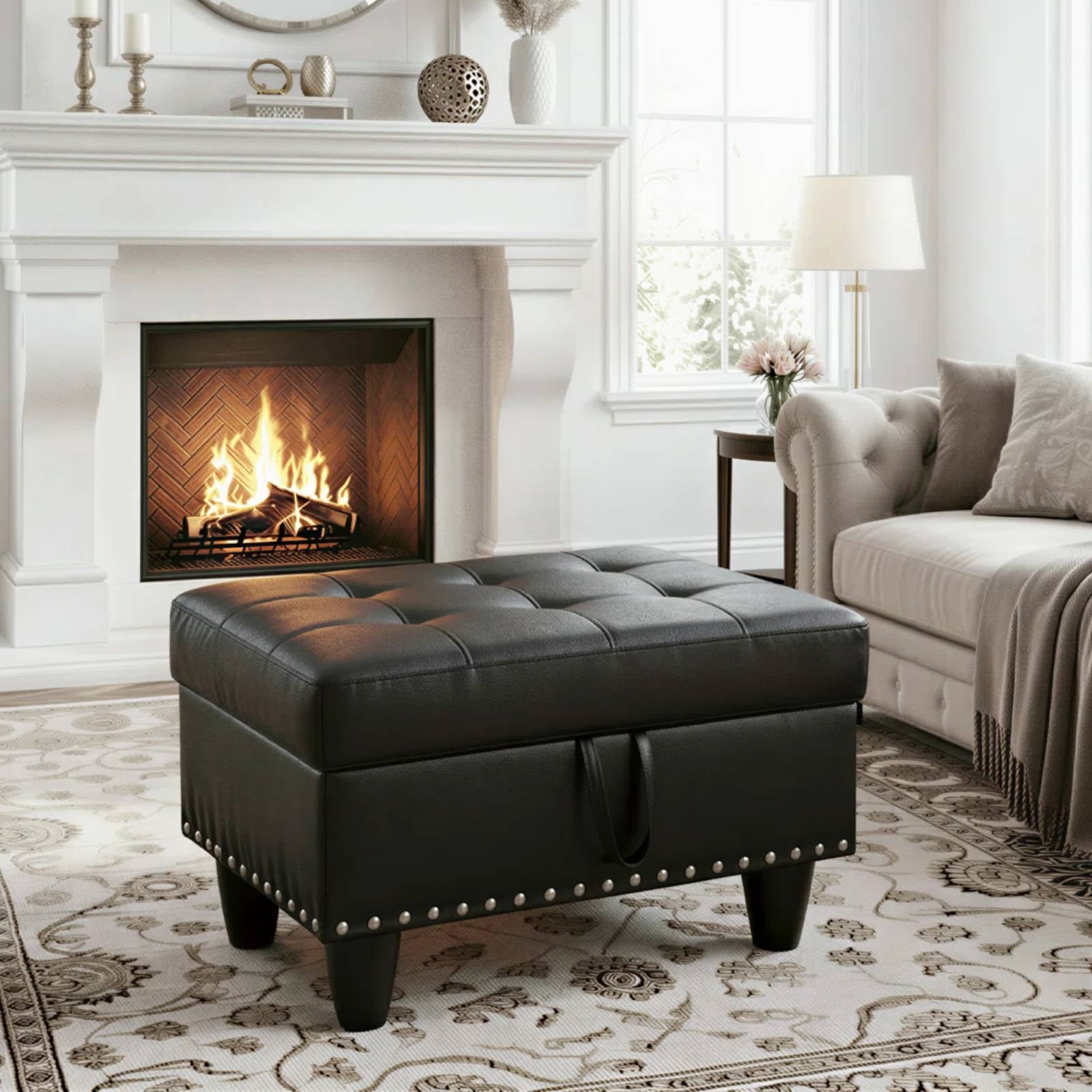 Faux Leather Storage Ottoman Bench, Square Ottoman with Nailhead Trim, Footrest Stool Bench Coffee Table for Living Room,Entryway, Black