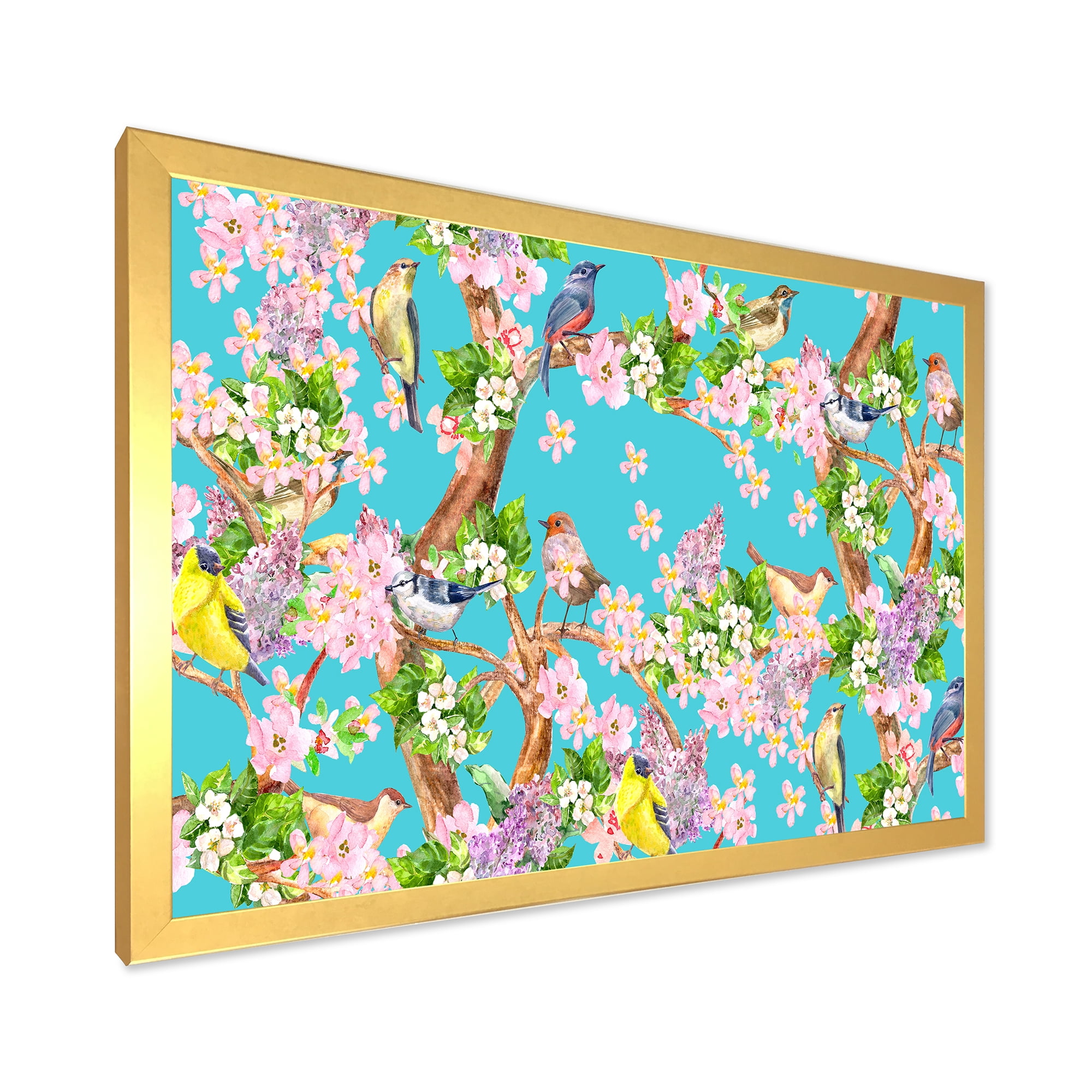 Little Birds Sitting On Spring Flow Tree 32 in x 24 in Framed Painting Canvas Art Print, by Designart