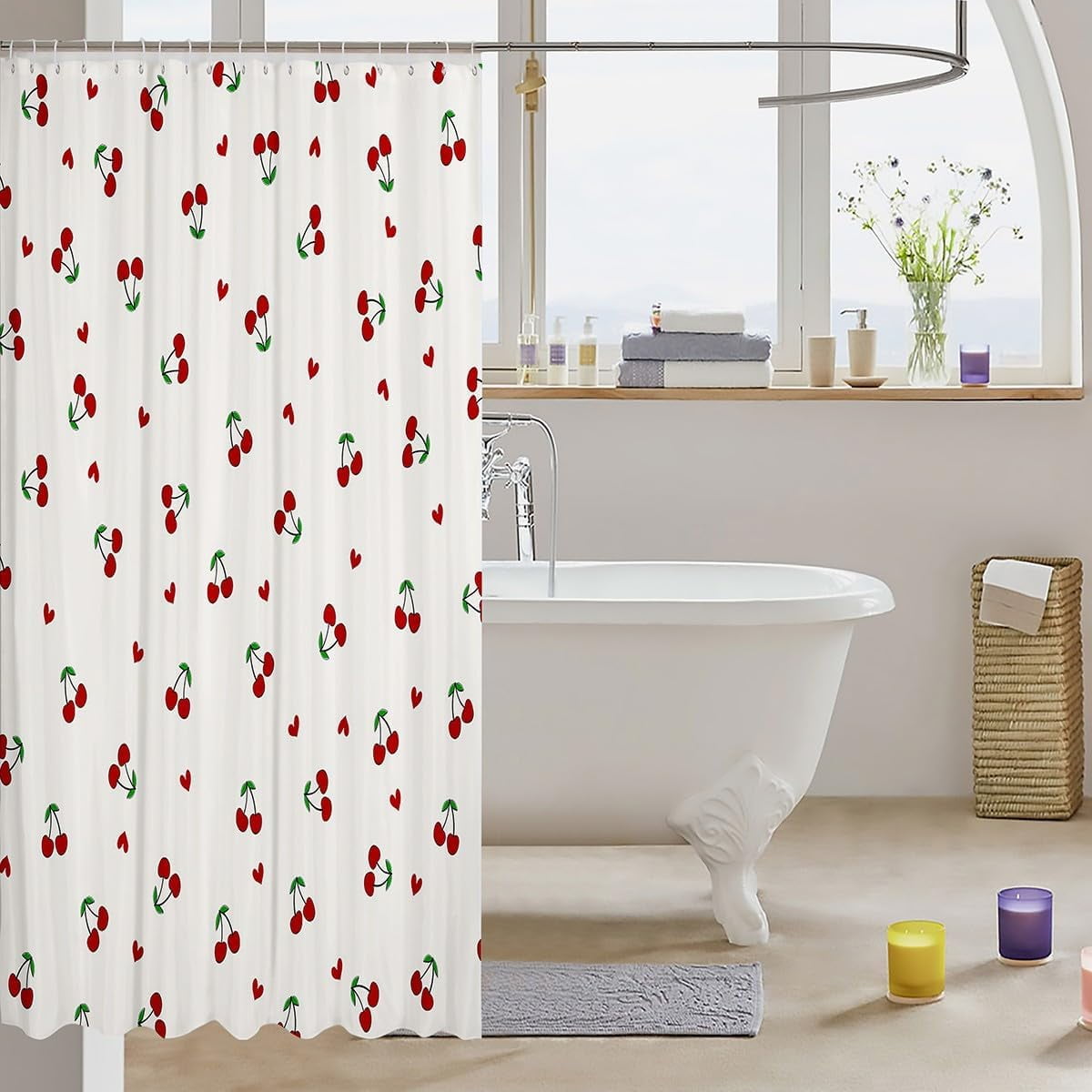 Kids Red Cherry Shower Curtain Cherry Pattern Bath Curtain Boys Girls Cute Fruit Bathroom Shower Curtain Set Kawaii Cartoon Fruit Teens Bathroom Accessories Room Decor 72"x80"