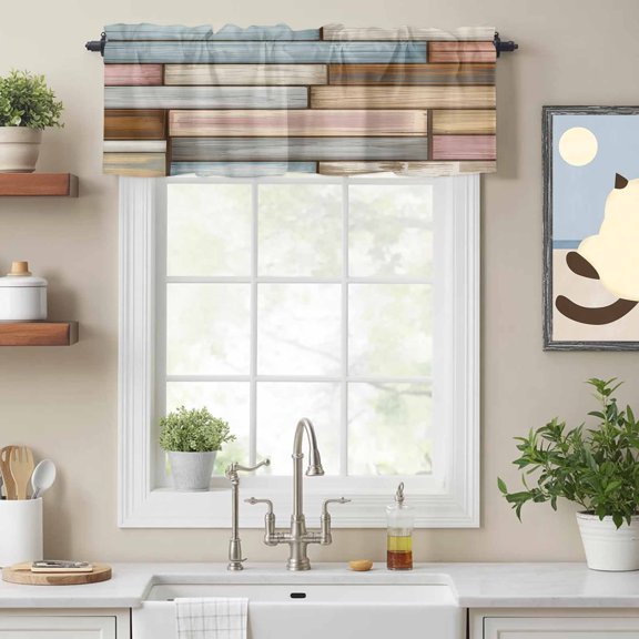Vintage Boards Wood Texture Valances for Windows,Rod Pocket Valance for Kitchen Bedroom Bathroom Living Room,Country Blue Brown Window Valance Curtain Home Decor Short Curtains 54x18in