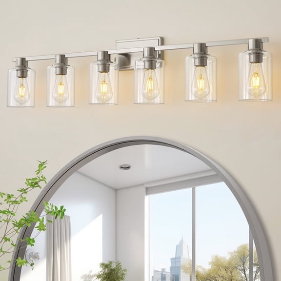Deyidn 6-Light Modern Bathroom Vanity Light, 43 Inch Nickel Finish Dimmable Mirror Light Fixture with Cylindrical Glass Shades