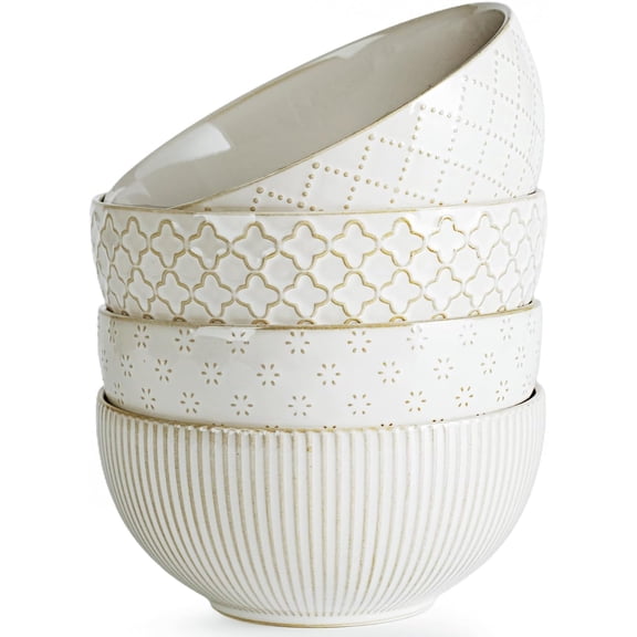 Cereal Bowl 4-Piece Set with Assorted Embossment (6.1 inch & 30 oz), Farmhouse Vintage Color Bowls for Home Kitchen, Ceramic So Bowls