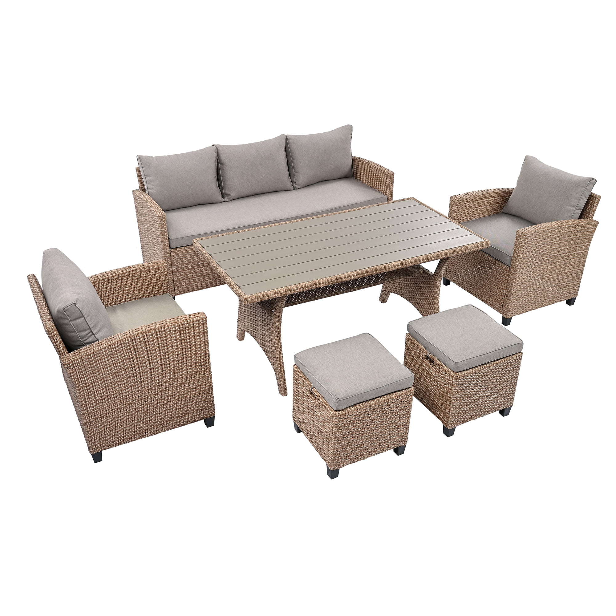 Harper & Bright Designs 6 Pieces Wicker Outdoor Patio Furniture Set with 3-Seater Sofa, 2 Armchairs, Coffee Table & Stools, All-Weather Rattan Conversation Lounge Set for Backyard Garden, Natural