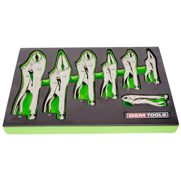 OEMTOOLS 23987 Ensemble de 7 Pinces Verrouillables, Poignées Courbées et Longues pour les Tâches de Préhension et de Serrage, Poignées de Précision, Acier Allié Traité Thermiquement, Inclut Plateau EVA