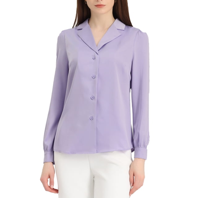 INSPIRE CHIC Women's Shirt Flat Collar Long Sleeves Button Down Office Satin Shirt M Light Purple