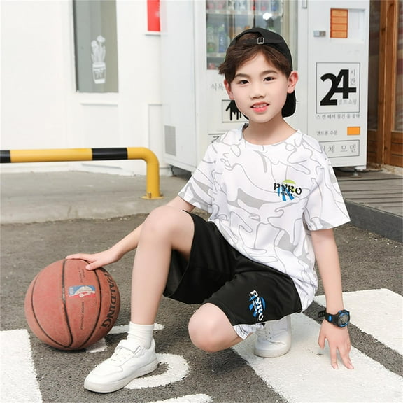 JCCXIN Summer Outfit Sets Child Quick Drying Sports Set Boys Wicks Sweat O-Neck Short Sleeve T-Shirts O-Neck Tops Shorts Two Piece Basketball Suit With Pocket Breathable Clothes Sets