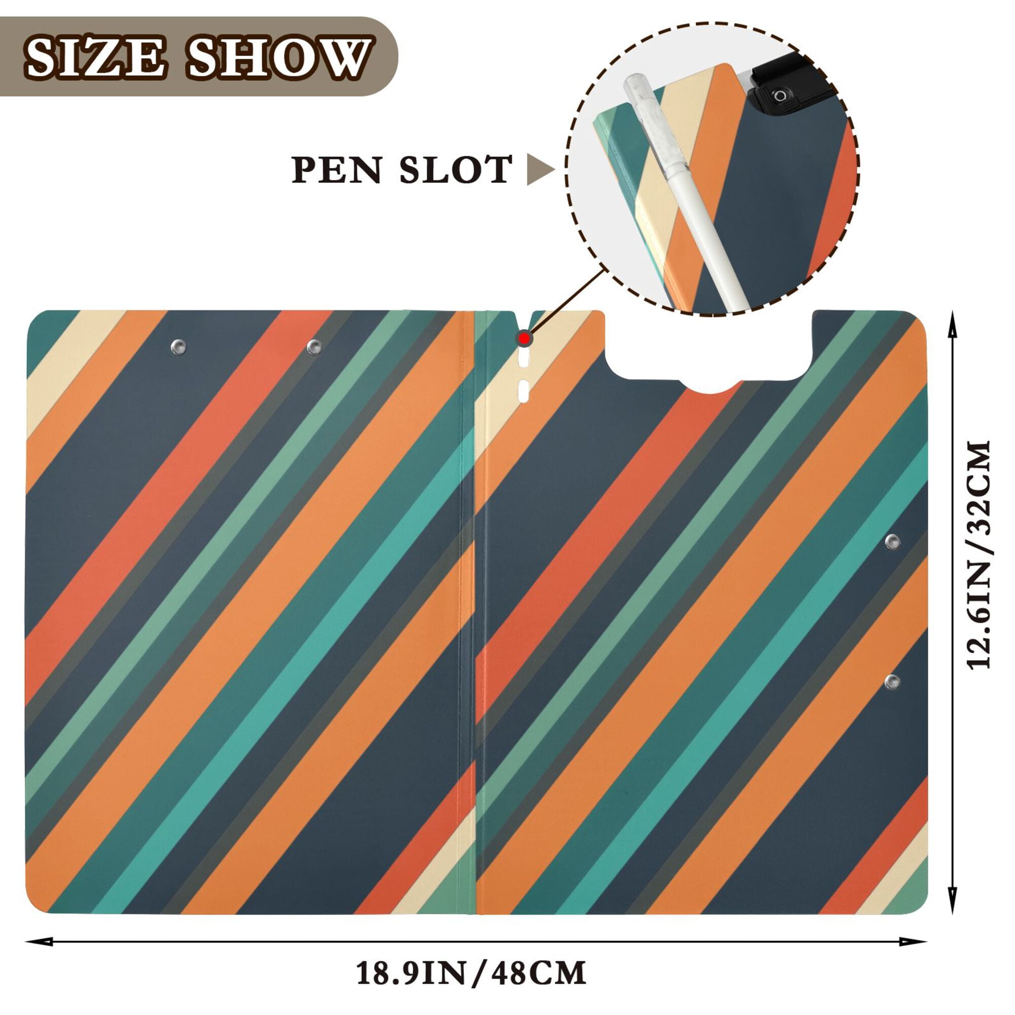 FORMRS A4 Clipboard Folder with Pen Holder Horizontal Foldable School Office Binder, Retro Stripes