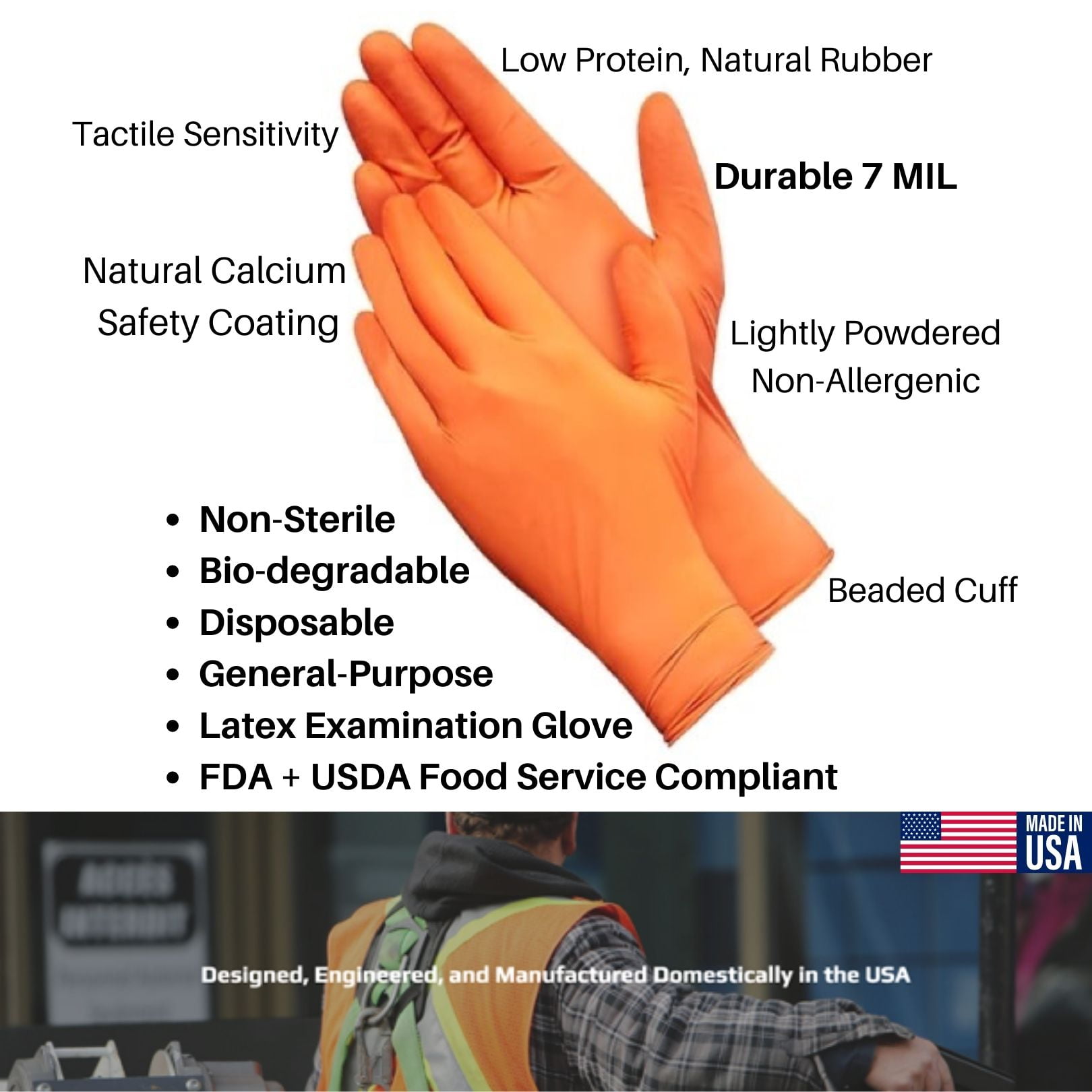 American Safety Glove  Latex Disposable Low Protein Natural Rubber Non-Allergy 7 MIL 100CT Orange Large