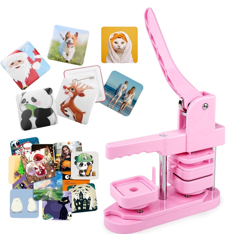 Square Button Maker Machine with 100 Sets of Button Supplies Parts, 50 * 50mm Hand Press Pin Badge Making DIY Craft Items, Pink