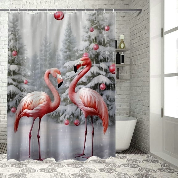 Orinice Pink Christmas Shower Curtain with Hooks,Pink Flamingo and Green Pine Tree in Snow Winter Shower Curtain for Bathroom, Xmas Tree Covered with Snow Bathroom Curtains Shower Set, 36x72