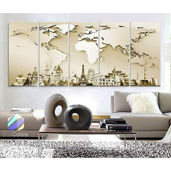 Original by BoxColors Xlarge 30"x 70" 5 Panels 30x14 Ea Art Canvas Print Wonders of the world Wall 3D Map Beige travel Wall decor Home interior (framed 1.5" depth)