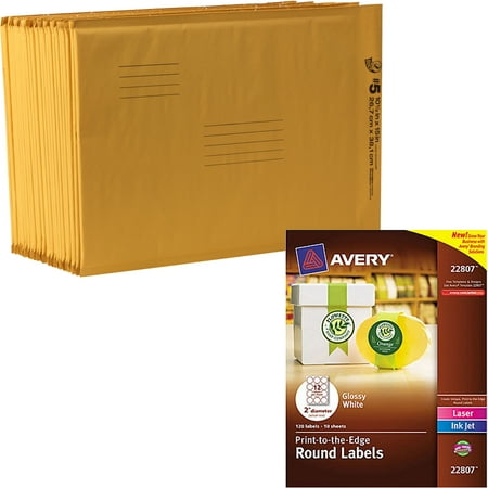 Duck Brand Kraft Bubble Mailers, Manila, 120-Count, 10.5" x 15" and Avery 22807 Print-to-the-Edge White Round Labels, Glossy, 2" diameter, 120 Labels/Pack Bundle