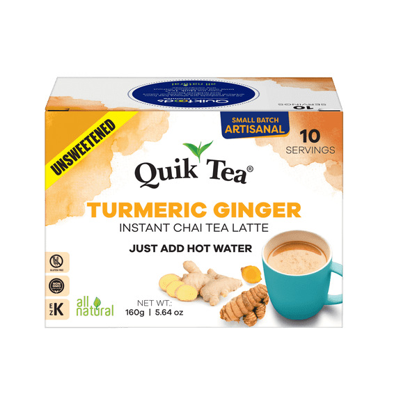 QuikTea Instant Unsweetened Turmeric Ginger Chai Tea Latte – 10 Count, earthy turmeric glow with zesty ginger warmth, low Caffeine, No artificial colors, flavors or preservatives – Just Add Hot Water