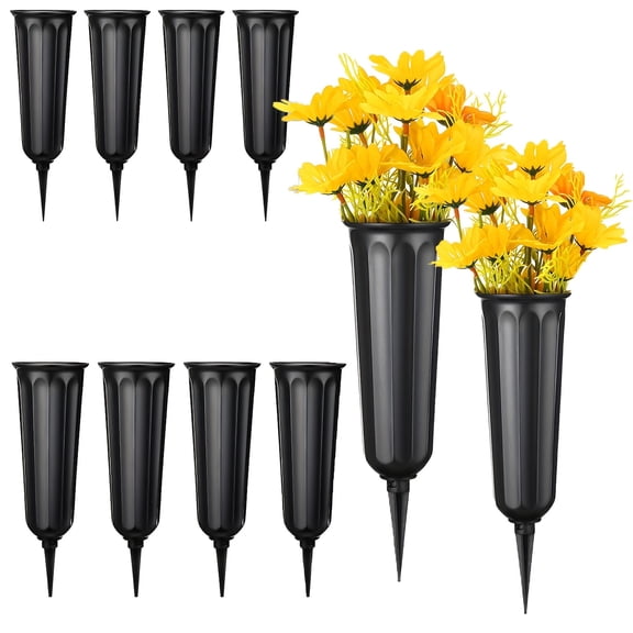 4PCS Black Plastic Cemetery Flower Vase Spike, 10 Inch Grave Memorial Vase with Sharp Stake for Outdoor Artificial Fresh Flowers Decoration