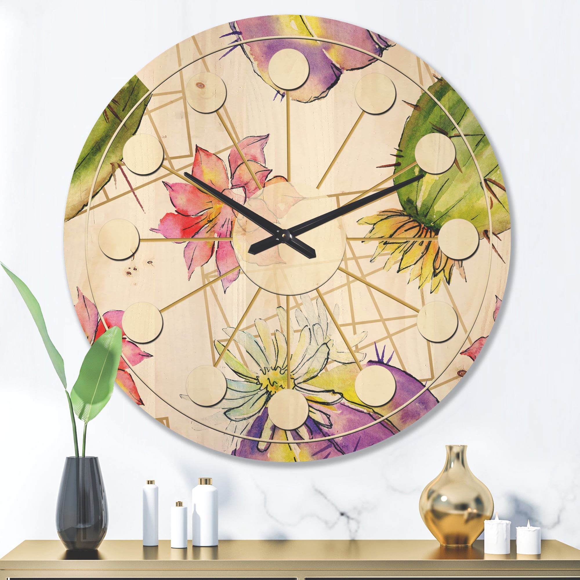 Designart 'Green Cactus Pattern On White' Mid-Century Modern Wood Wall Clock