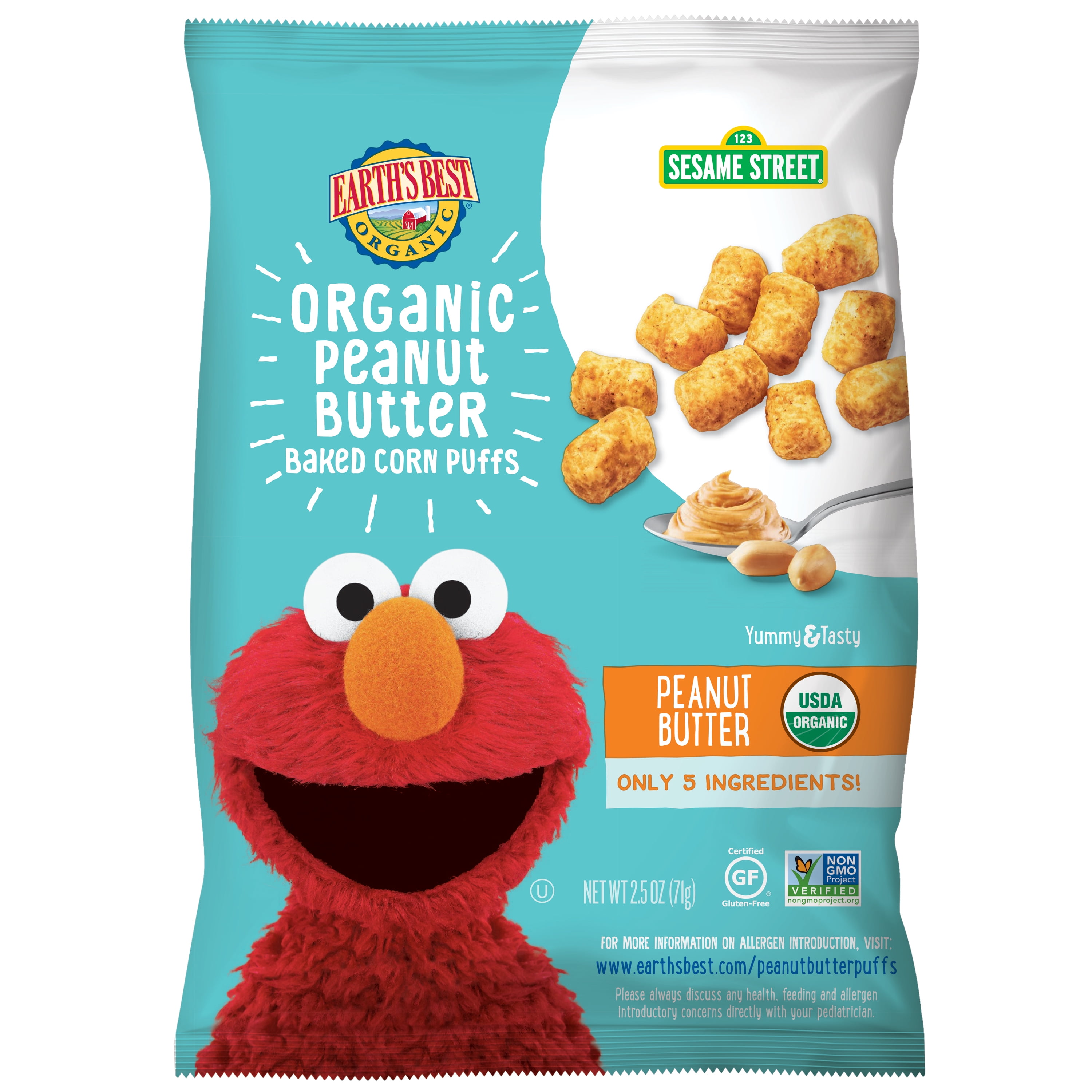 Earth's Best Sesame Street Baby Snack Organic Peanut Butter Baked Corn Puffs, 2.5 oz Bag