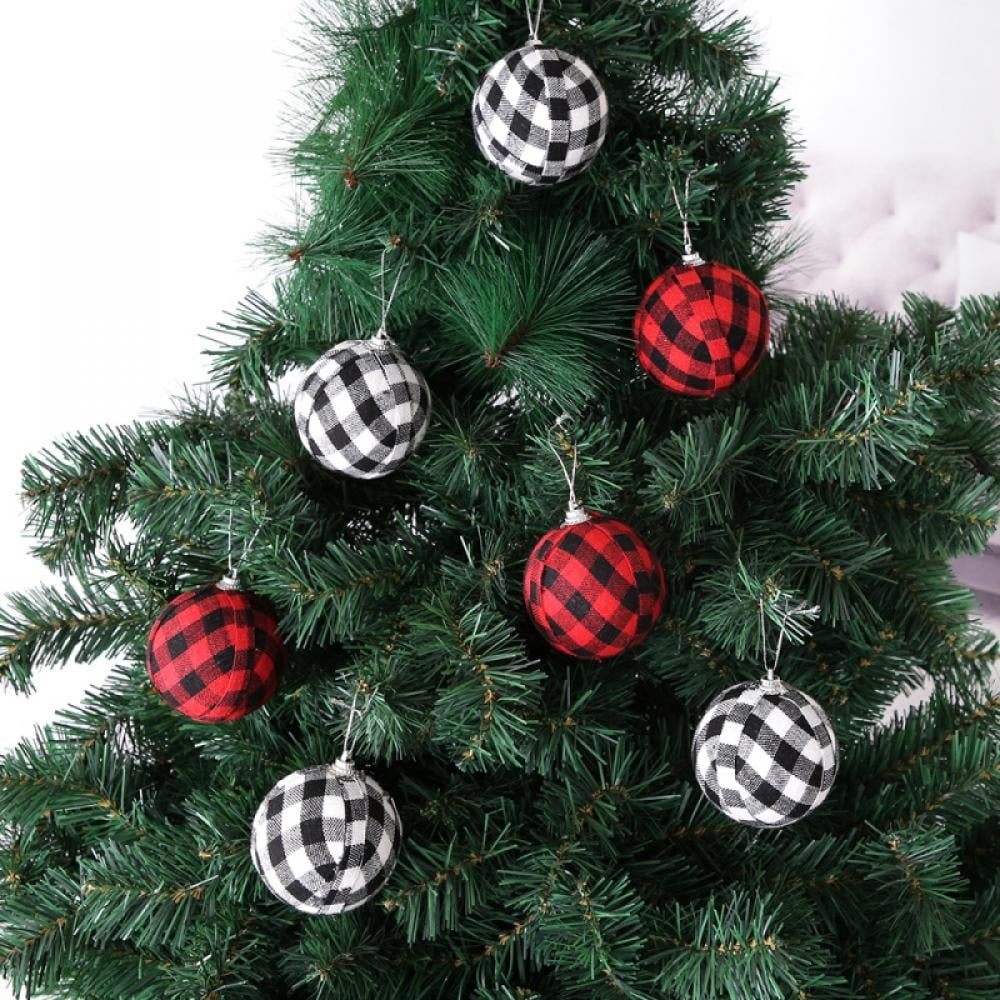 Rustic Christmas Tree Ornaments - 2 inch Black & Red Buffalo Plaid Fabric Ball with Pine Cones & Greenery, Shatterproof Xmas Hanging Decoration for