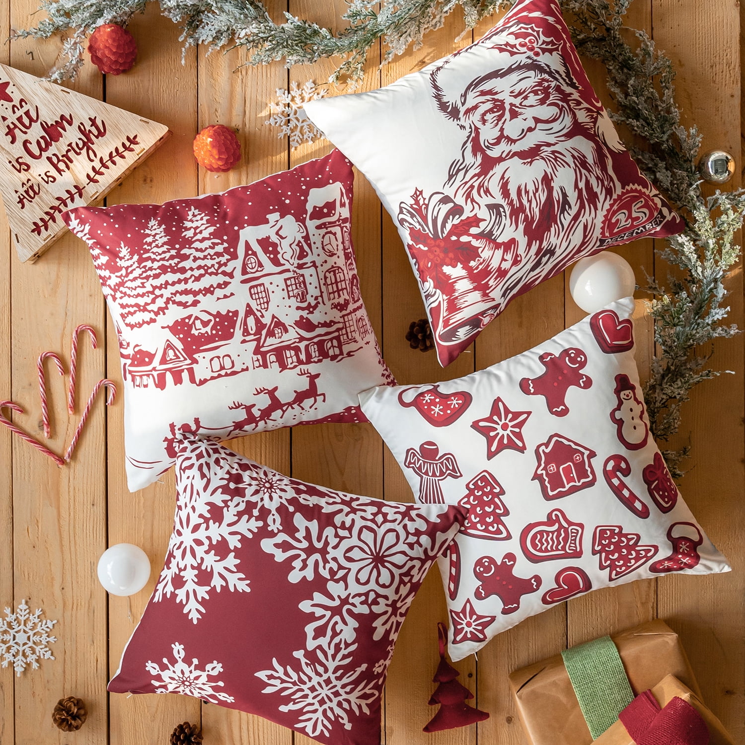 Christmas Red and White Printed Decorative Pillow Covers, Holiday Series Pillow, Red and White, 18" x 18", Set of 4