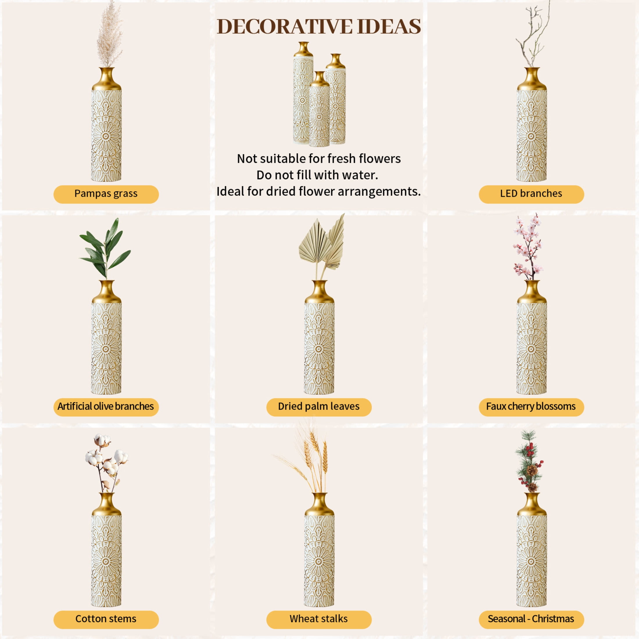 Noble House 3-Piece Modern Metal Floor Vase Set, Textured Decorative Vases, Gold and White