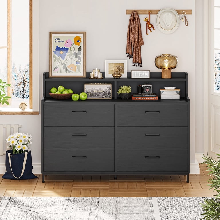 dresser with shelves Sikaic LED TV Stand Convertible L Shaped 6 Drawers Dresser with Charging Station and Open Shelf for Living Room Brown