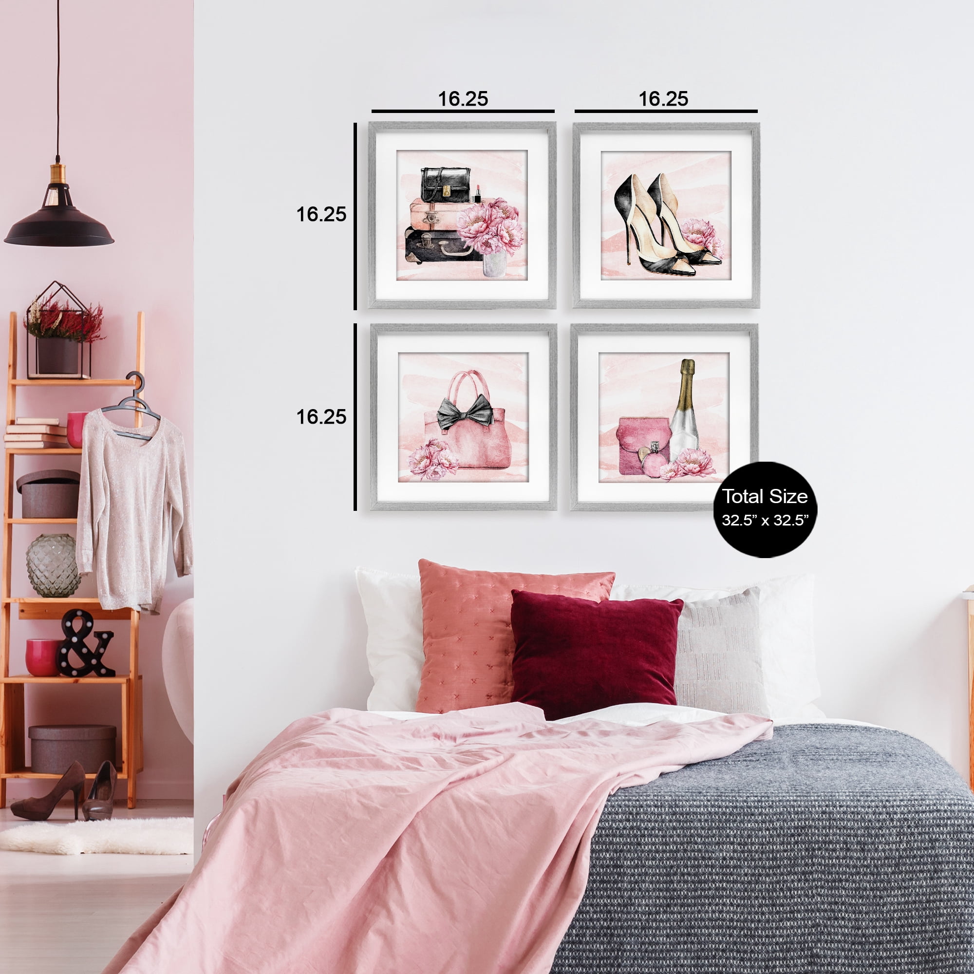 Stupell Industries Glam Time Accessories 4 Piece Gray Framed Print Under Glass Set, design by Kim Allen