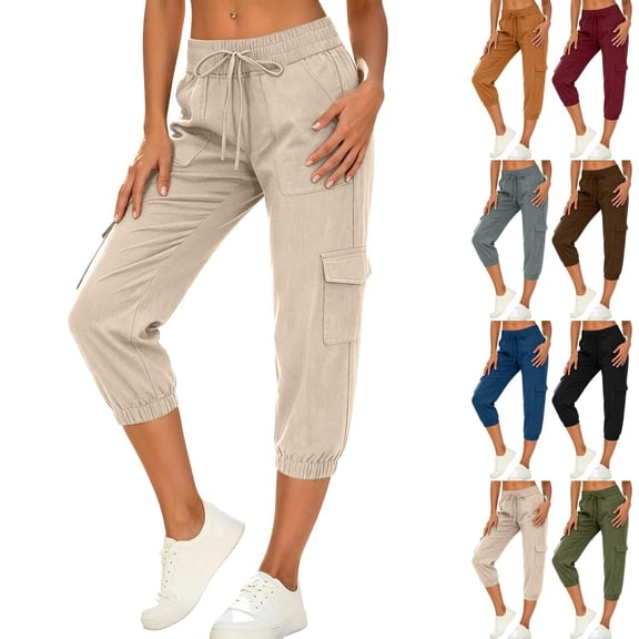 CBASIHI Womens Cotton Linen Cargo Capris with Pockets- Quick Dry Drawstring Elastic Waist Athletic Casual Summer Lightweight Hiking Pants Beige Size S-3XL