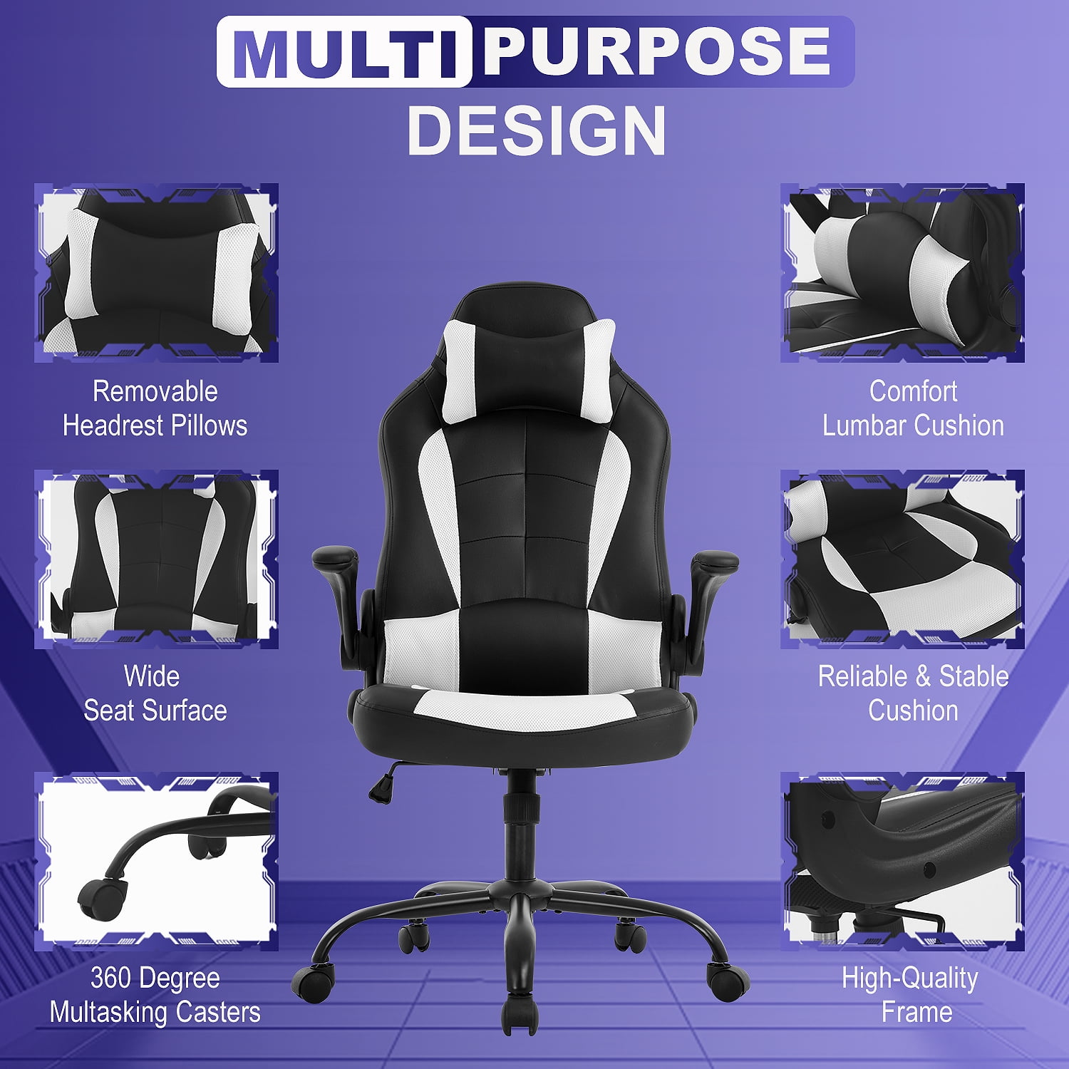 Furniture of America Hype Faux Leather Adjustable Gaming Chair, Black