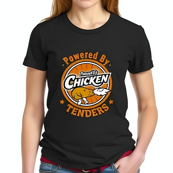 Funny Cotton Short Sleeve T-Shirt - 'Powered By Chicken Tenders' Graphic Tee with Cartoon Chicken Design