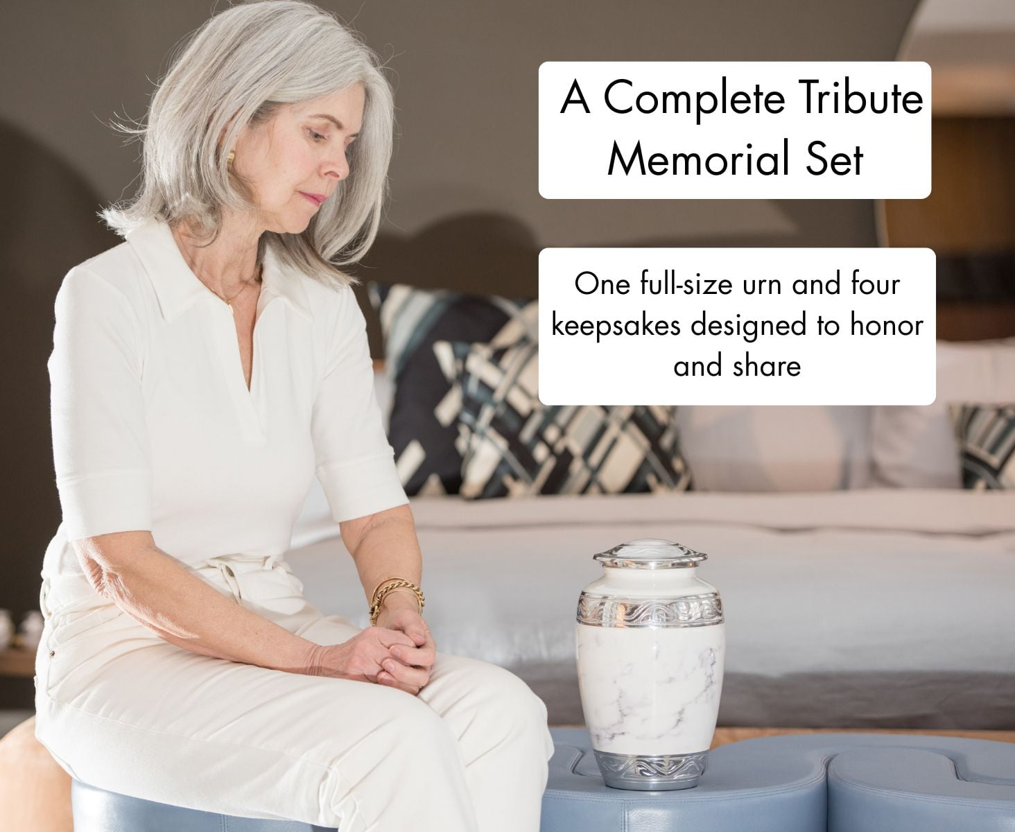 GR8 Keepsakes White Marble Cremation Urn Set with 4 Keepsake Urns for Human Ashes, Adult Size