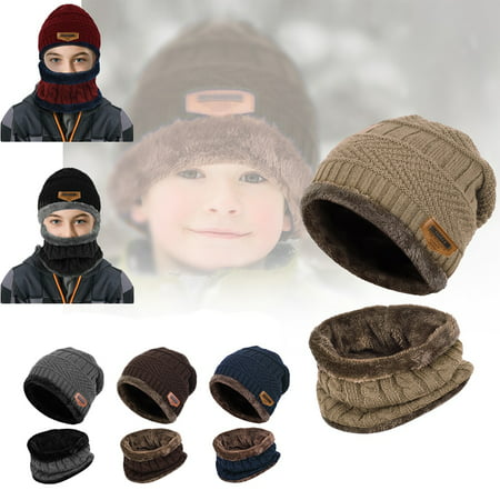 Warm Knit Hat and Circle Scarf for Boys and Girl Winter Knit Cap with Fleece Lining, 2 Pieces