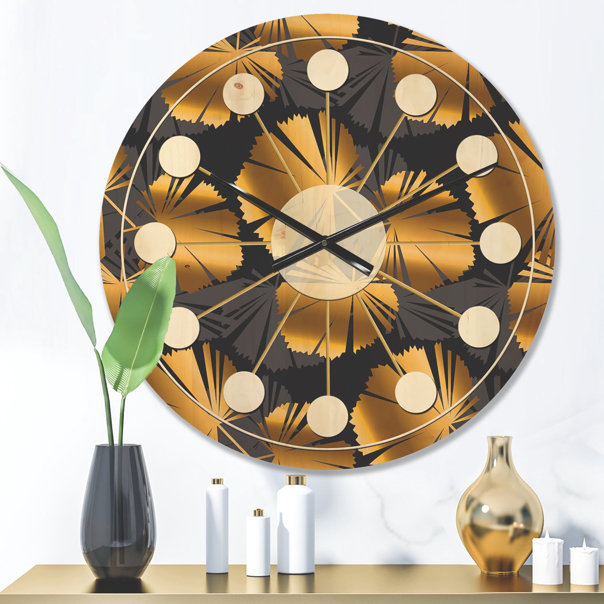 Designart 'Palm Golden Leaves III' Mid-Century Modern Wood Wall Clock