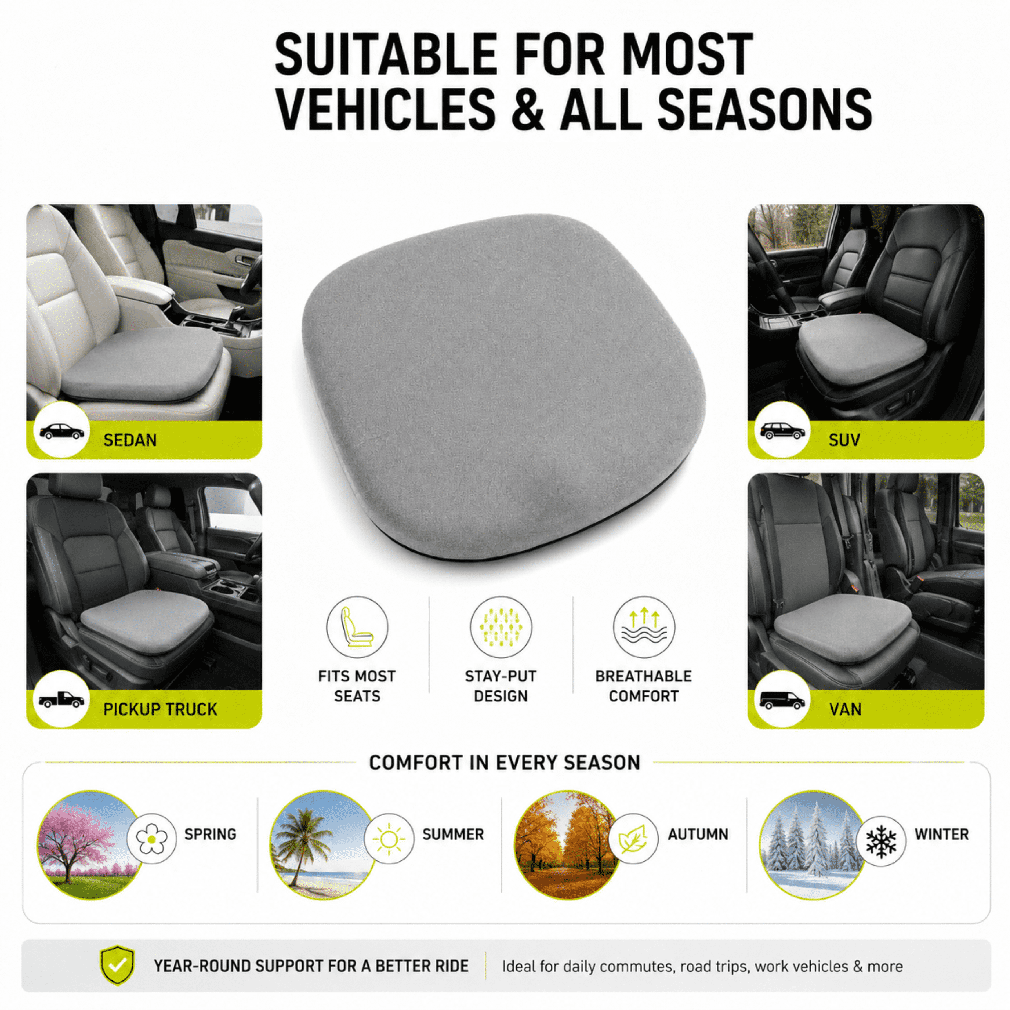 Auto Drive Seat Cushion, Comfortable Car Seat Cushion Pad, Non-Slip Seat Cover for Car Driver Seat, Universal Fit for Cars SUV Truck, Gray