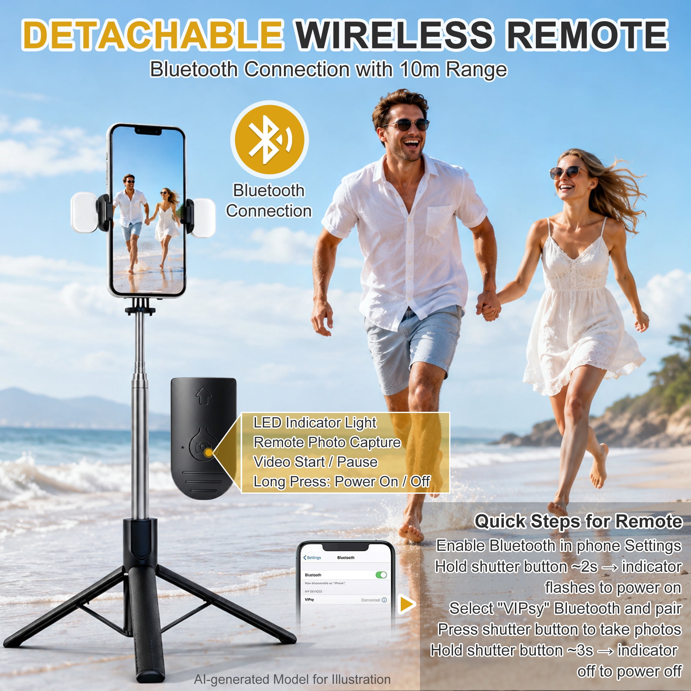 GARITIN Selfie Stick Tripod for Phone with Remote Control & Holder, Black